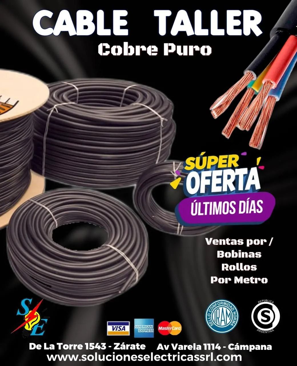 Cable Taller ad for copper wire spools, with “súper oferta” and “últimos días” promotional text.