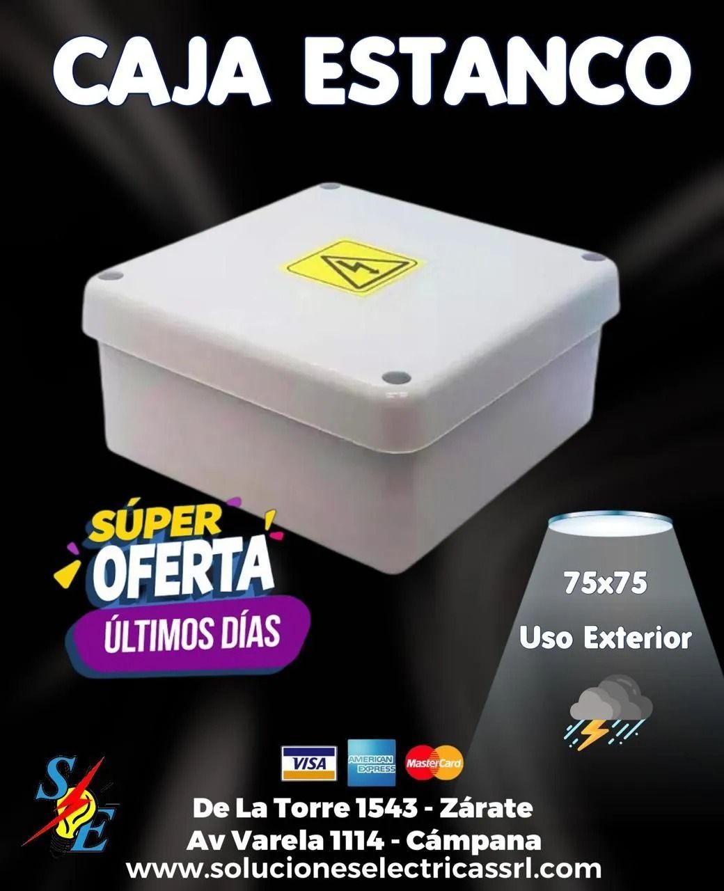 Caja estanco blanca con tapa, promoción “Súper oferta últimos días”, uso exterior 75x75