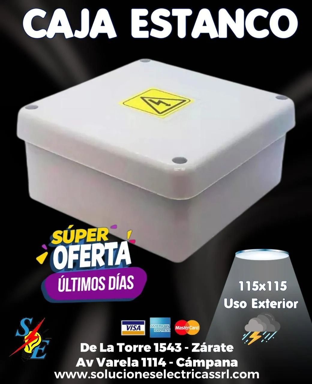 Cuadro eléctrico gris para exterior, con tapa blanca y texto promocional de oferta y medidas 115x115.