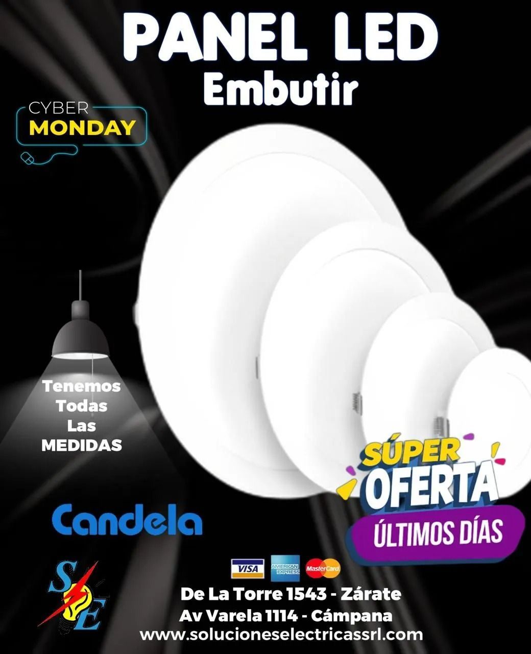 Panel LED embutir blanco, oferta de iluminación con texto de medidas y descuento