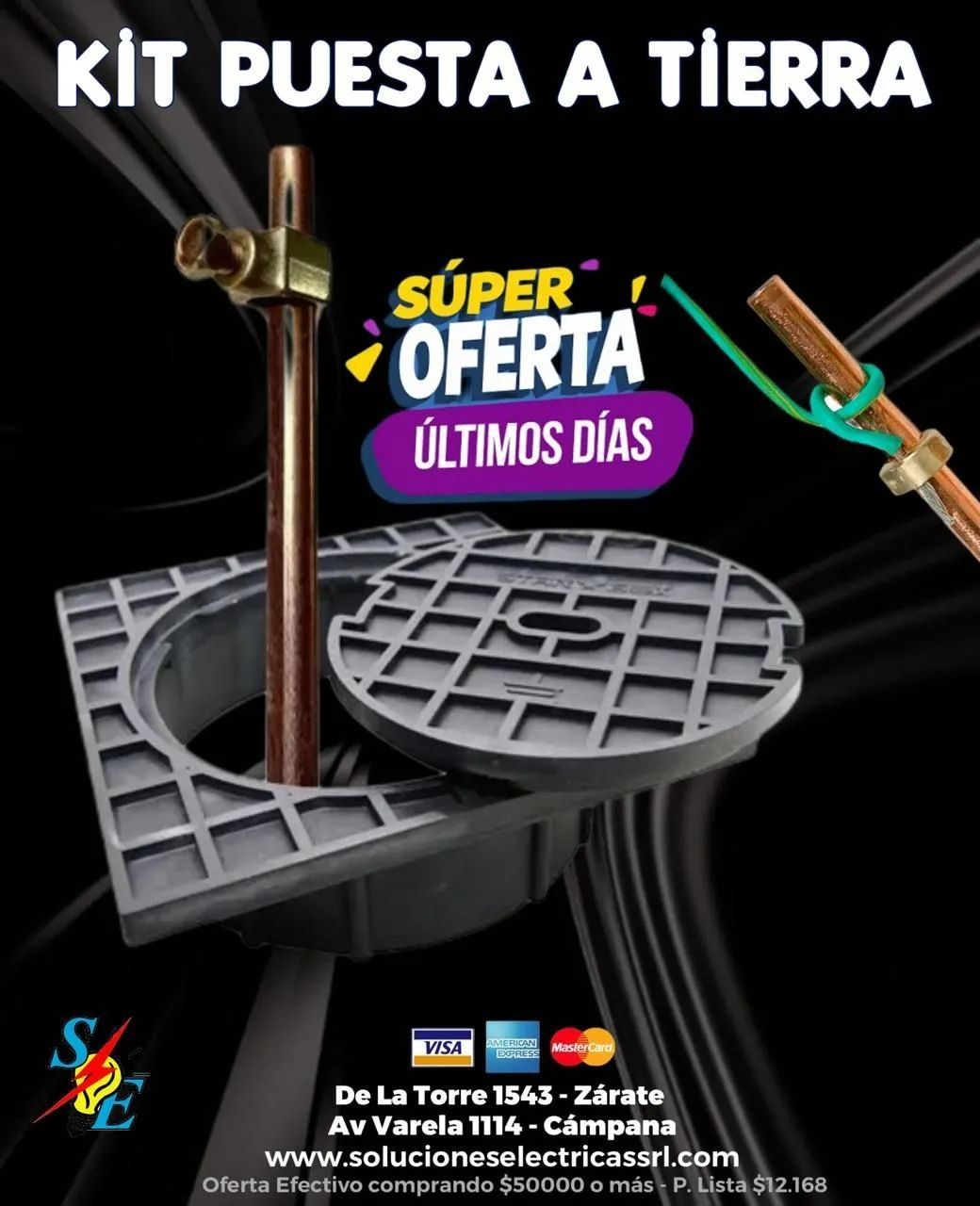 Kit puesta a tierra con dos tapas grises, barra de cobre y texto “Súper oferta, últimos días”.