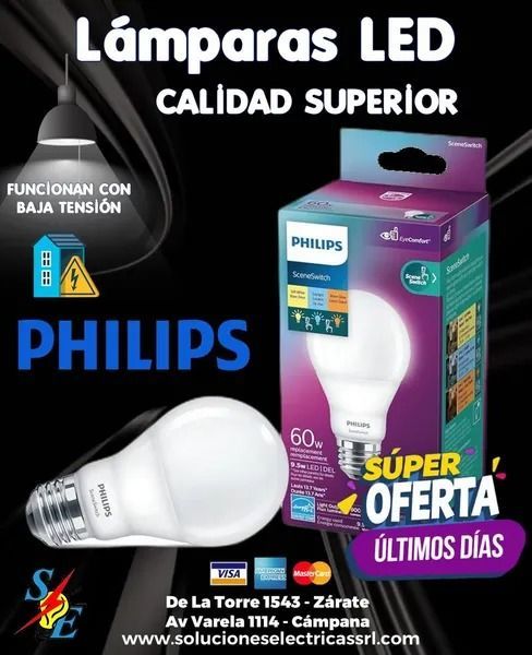 Anuncio de lámparas LED Philips blancas con caja morada, “Súper oferta” y “Últimos días”.