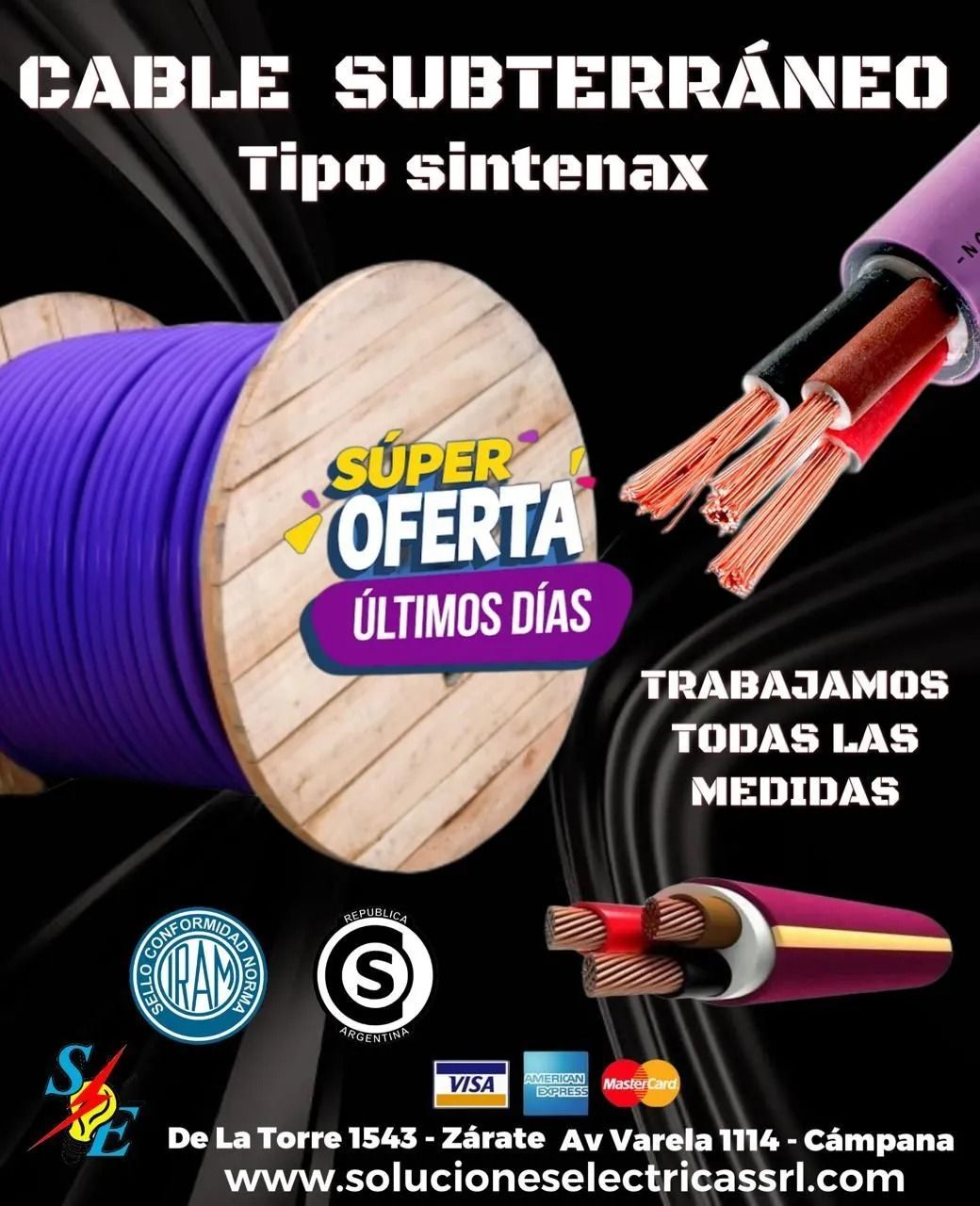 Publicidad de cable subterráneo Tipo Sintenax, con oferta y vistas del cable en azul, rojo y blanco.