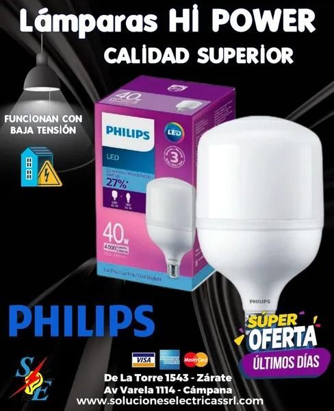 Anuncio de lámparas Philips Hi Power blancas, con caja púrpura y texto de oferta.