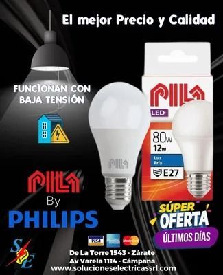 Publicidad de focos LED Pila by Philips con ofertas, fondo negro y texto en español.