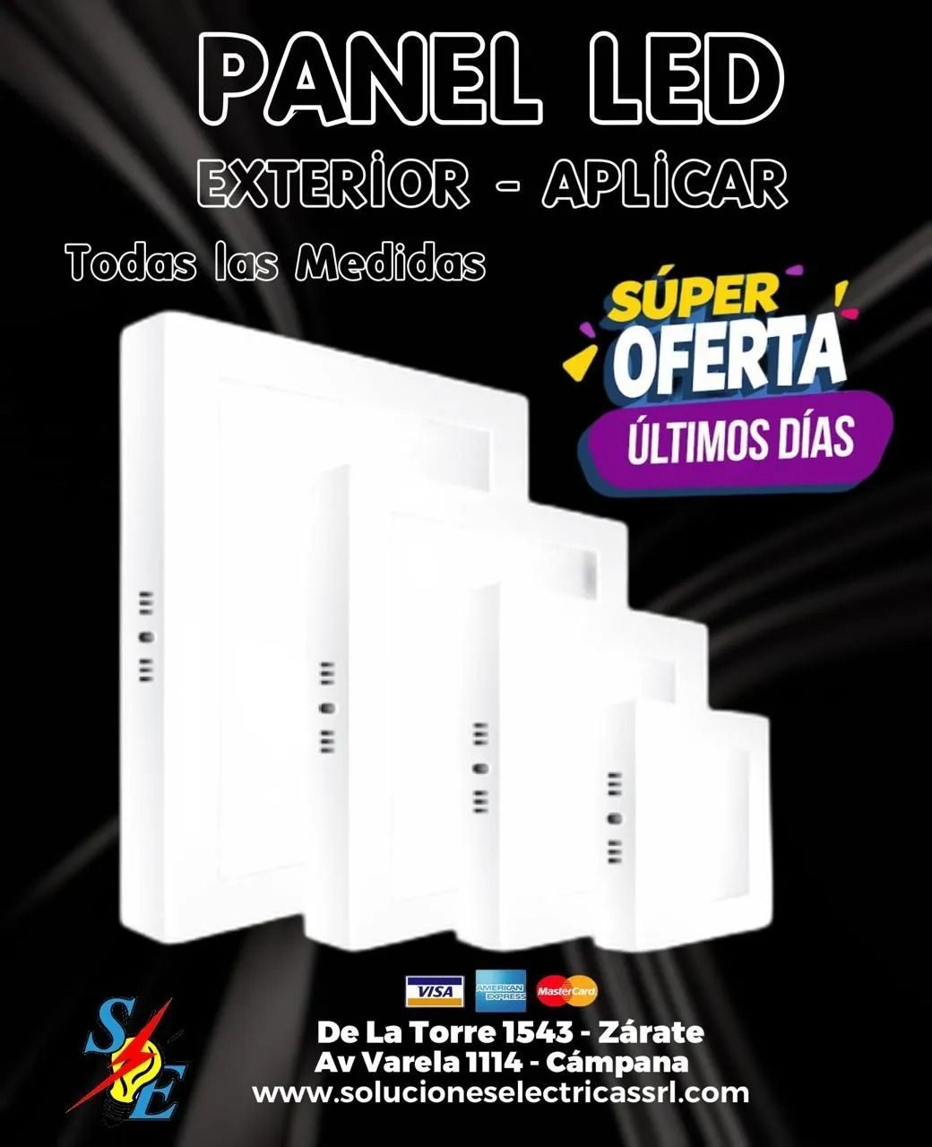 Panel LED exterior blanco en oferta, con varios tamaños y texto promocional “Súper oferta últimos días”.
