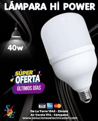 Anuncio de lámpara LED Hi Power de 40W, blanca, con oferta especial y fondo negro.