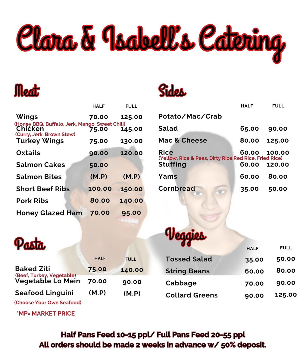 Clara & Isabella's Catering menu with meat, pasta, salads, and veggies listed in red and black text