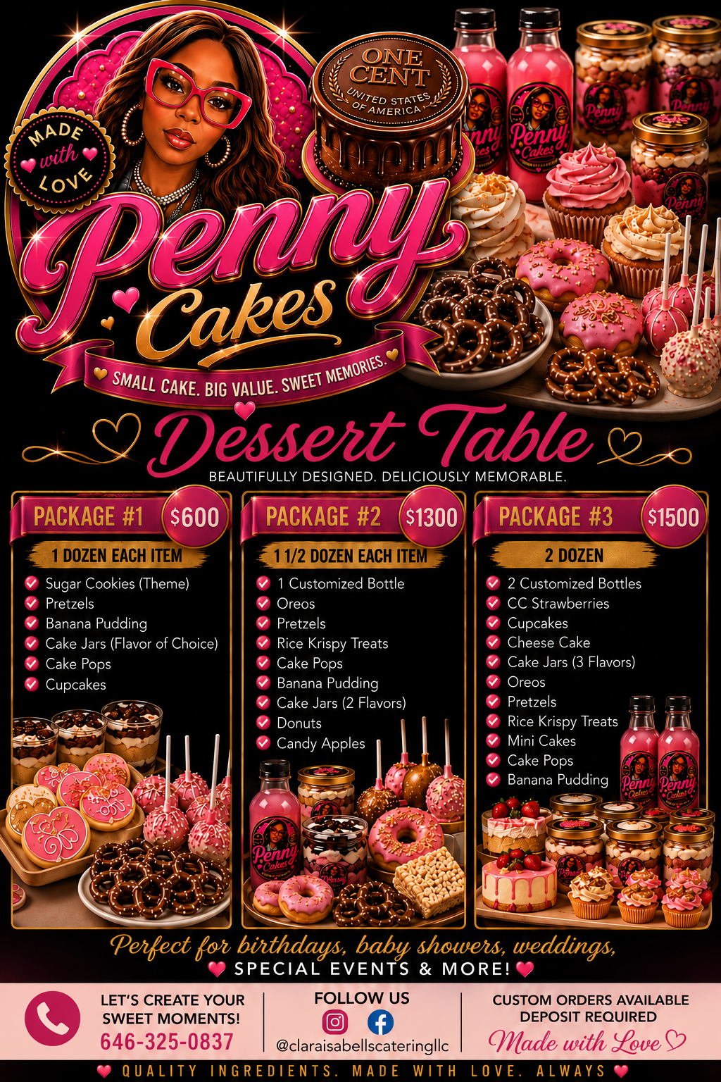 Pink dessert table flyer for “Penny Cakes” with cupcakes, cake pops, treats, and menu pricing