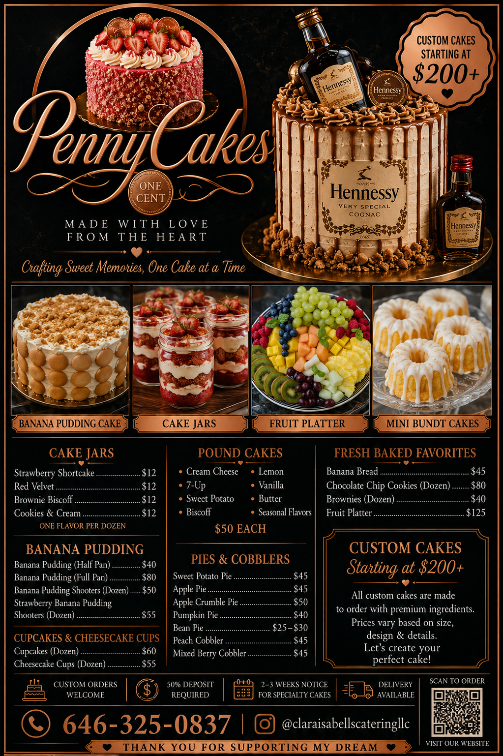 Penny Cakes dessert menu poster with cake photos, prices, and contact info on a black background
