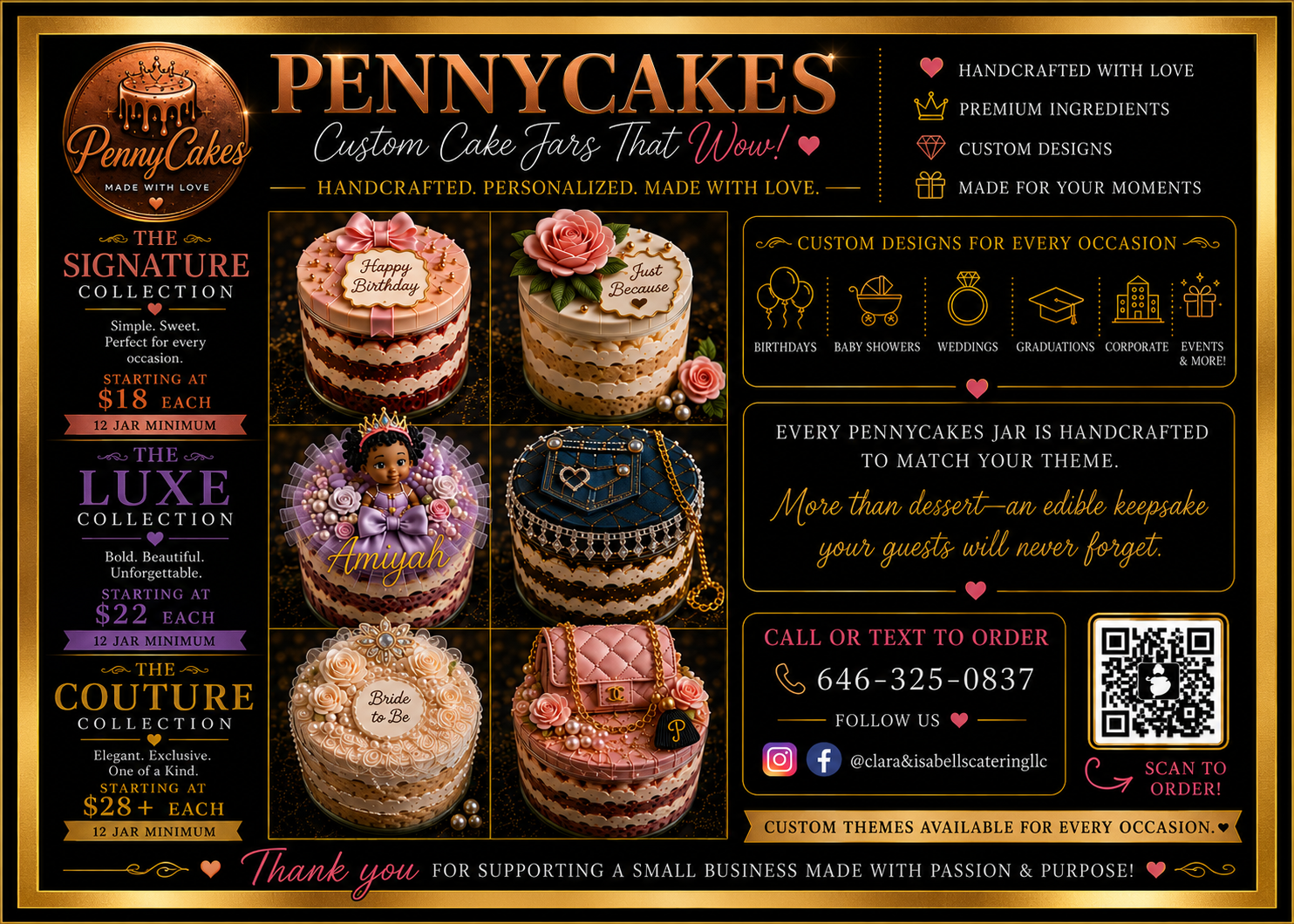 PENNYCAKES bakery ad with stacked mini cakes, black-and-gold branding, pricing, contact info, and QR code