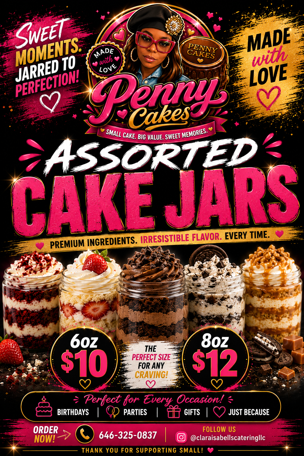 Promotional flyer for Penny Cakes assorted cake jars, showing four dessert jars and prices $10 and $12.
