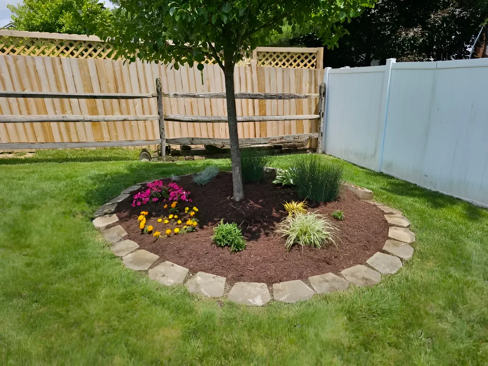A circular garden bed surrounds a small tree in a grassy yard, bordered by stones and filled with mulch and plants.
