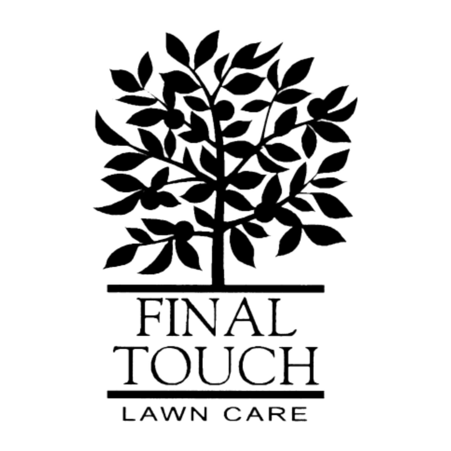 A black logo featuring a tree above the text "FINAL TOUCH" and "LAWN CARE" separated by horizontal lines.