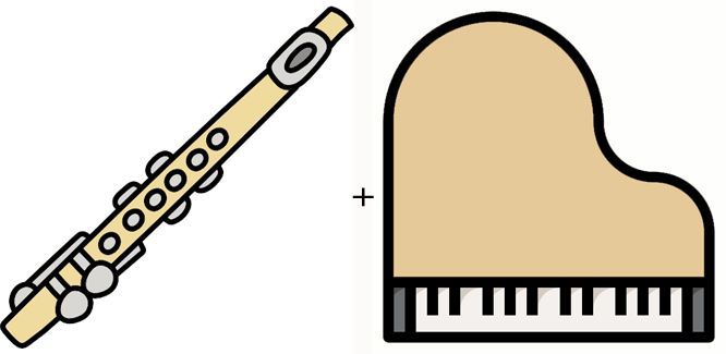 Une flûte et un piano sont assis l'un à côté de l'autre sur un fond blanc.
