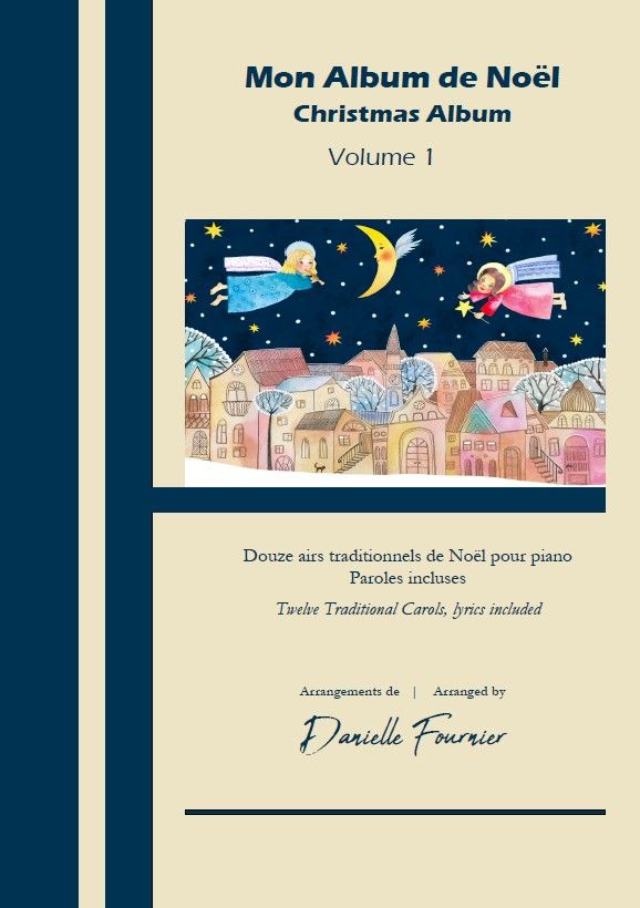 La couverture d'un album de Noël avec des anges survolant une ville.