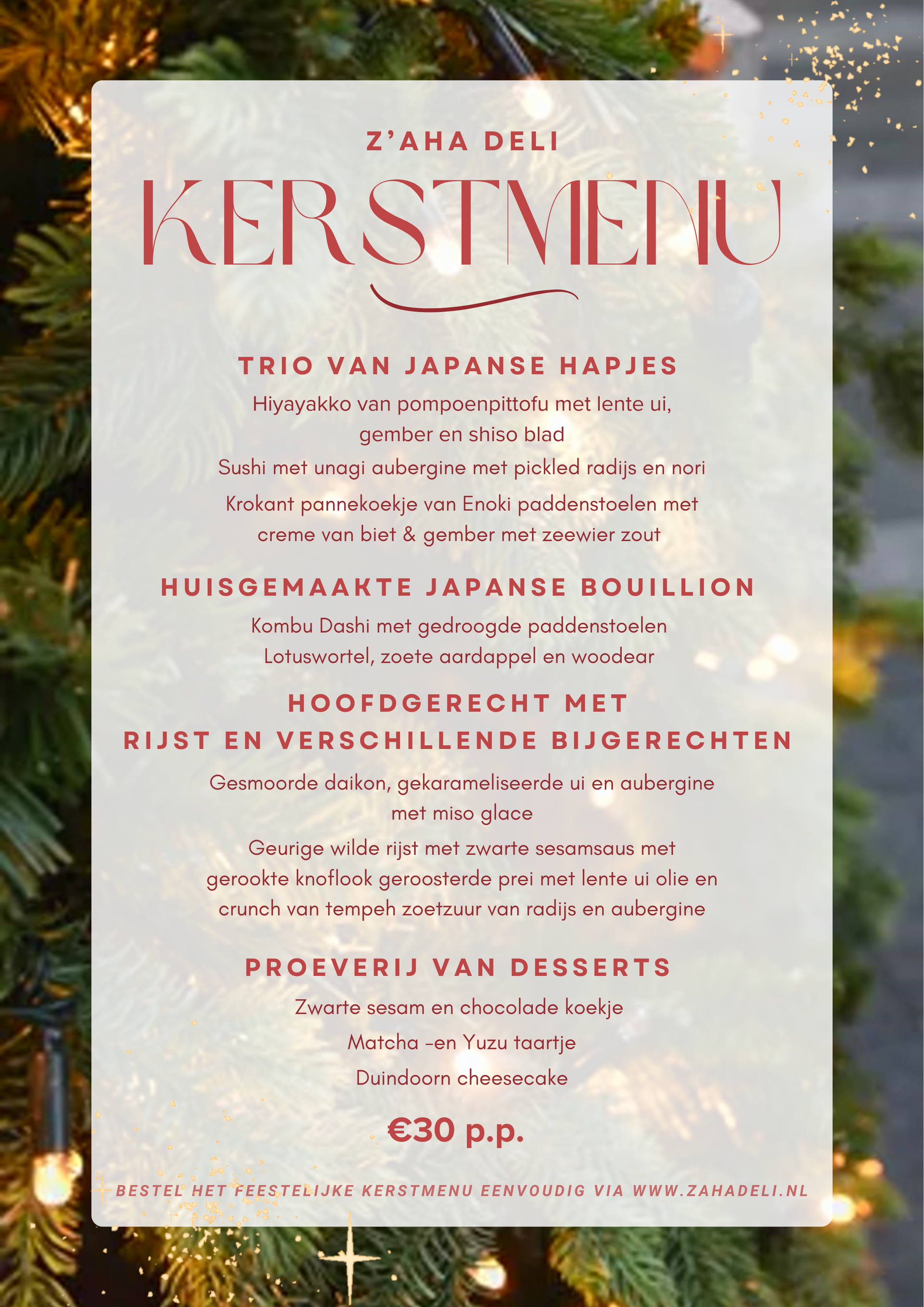Een menu voor een restaurant met een kerstboom op de achtergrond