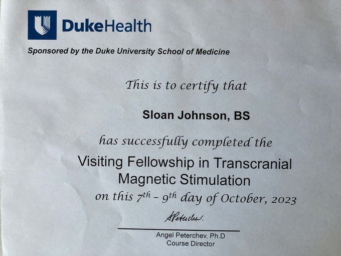 A duke health certificate that says sloan johnson has successfully completed the visiting fellowship in transcranial magnetic stimulation