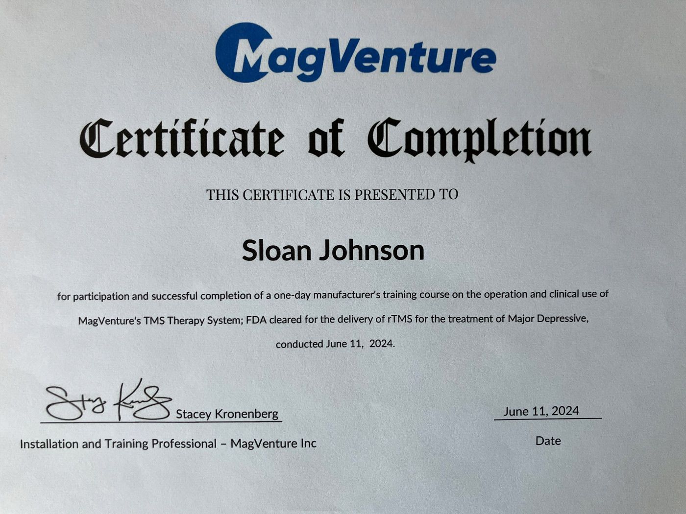 A magventure certificate of completion for sloan johnson