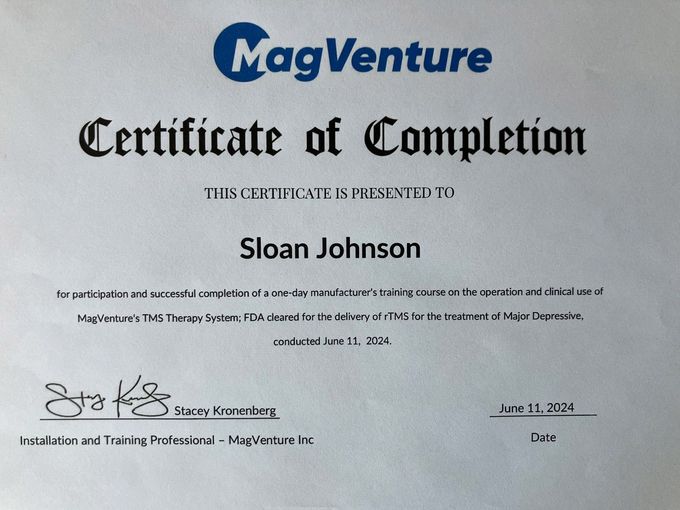 A magventure certificate of completion for sloan johnson