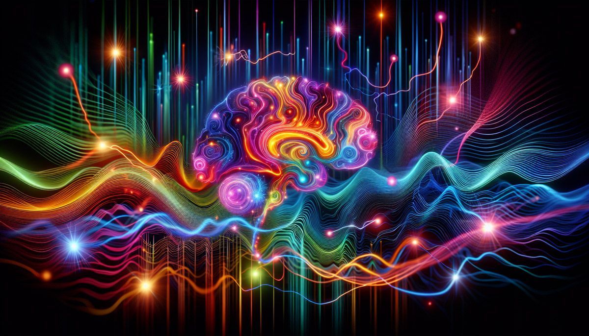 An illustration representing the scientific principles behind TMS for Alzheimer's, depicting brain waves and neural activity.