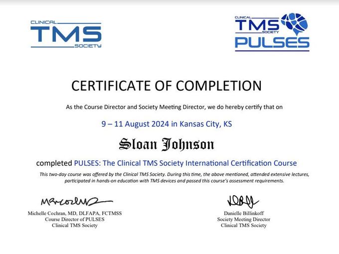 A certificate of completion from tms pulses in kansas city
