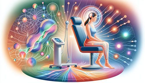 A woman is sitting in a chair in front of a tms machine.