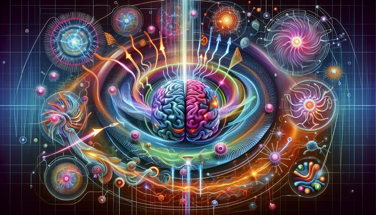 A colorful painting of a brain in the middle of a galaxy surrounded by stars.