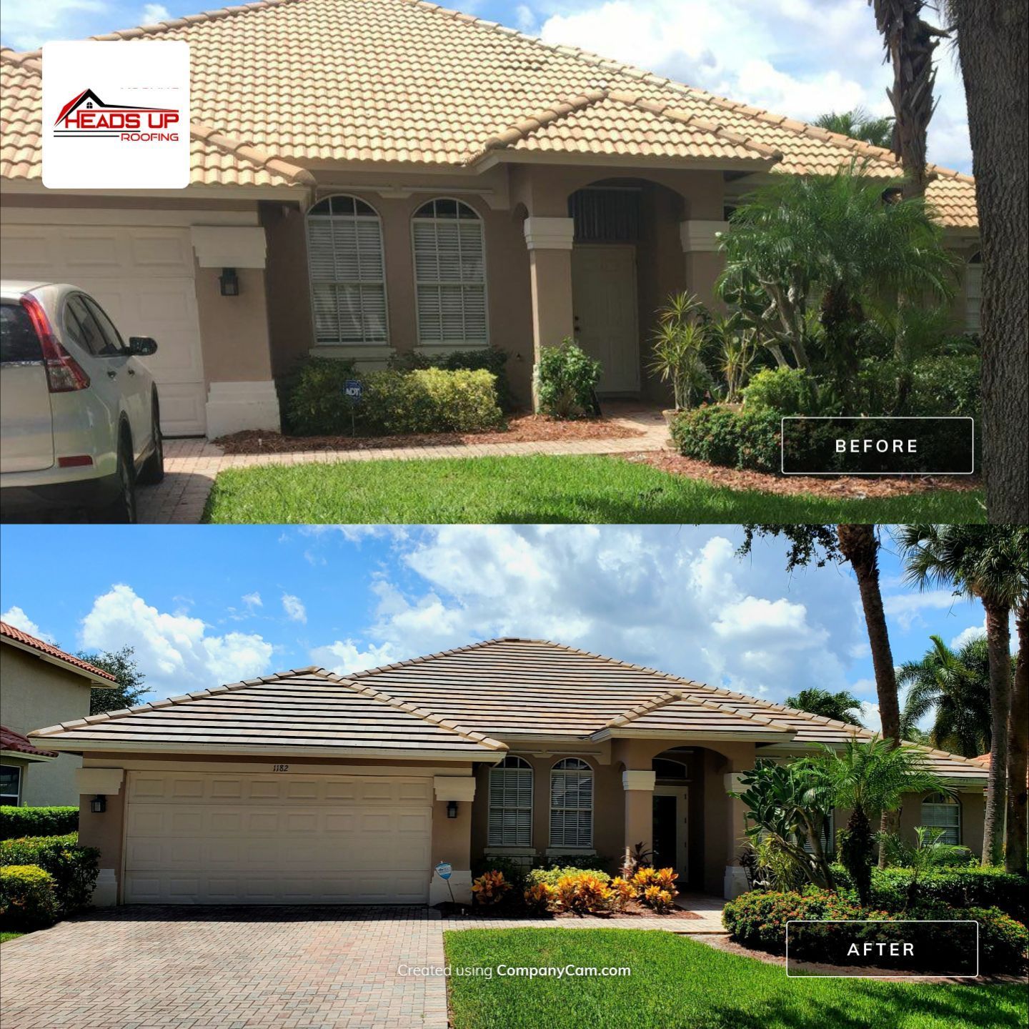 A before and af ter photo of a house with a tile roof | Heads Up Roofing Florida