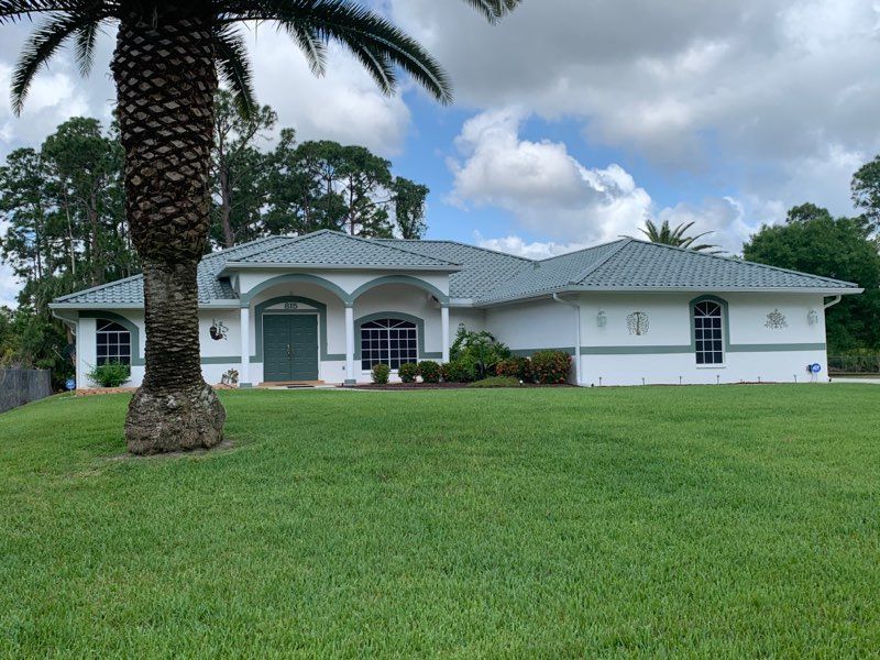 A white house with a palm tree in front of it