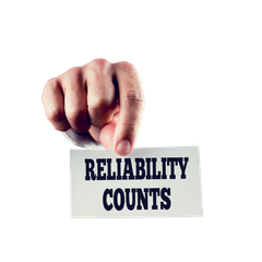 A hand is holding a card that says reliability counts