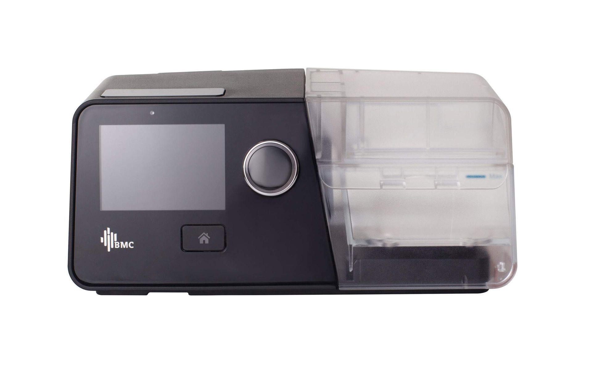 Dispositivo médico negro con pantalla pequeña, dial de control y cámara humidificadora transparente a la derecha.