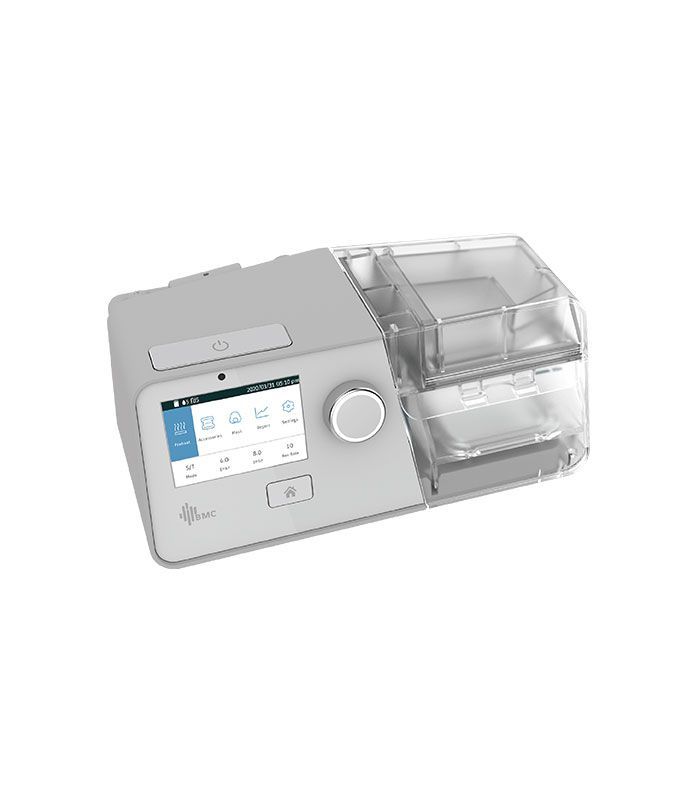 Dispositivo médico compacto de color gris con pantalla táctil, dial de control y compartimentos