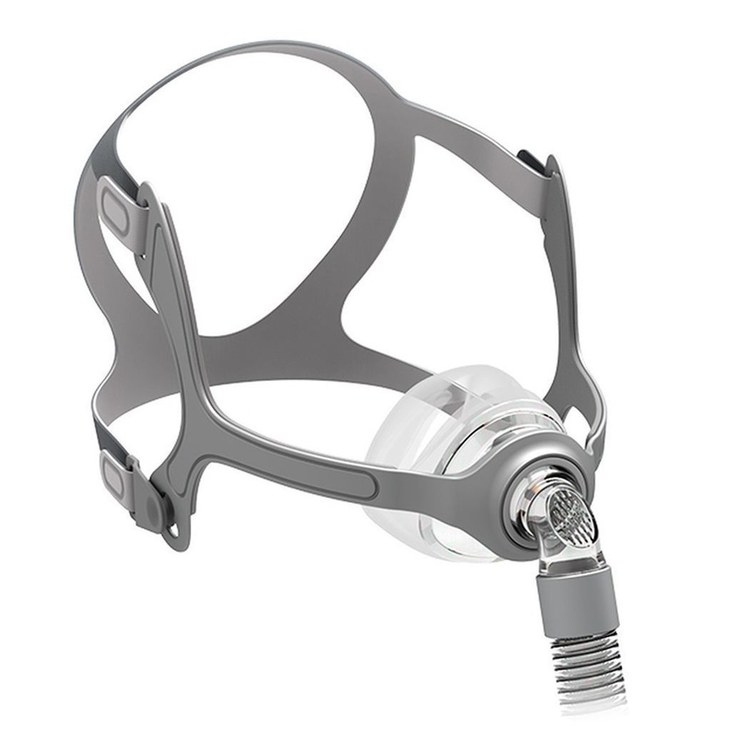 Mascarilla nasal CPAP con arnés gris y conector de codo de plástico transparente.