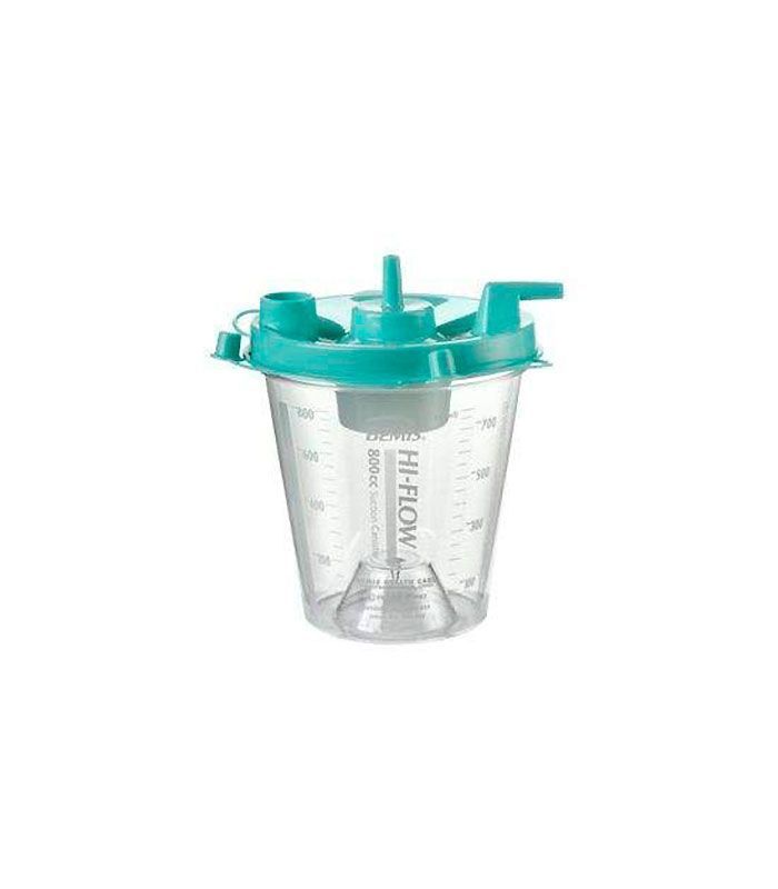 Vaso medidor de plástico con tapa turquesa, cuerpo y boquilla transparentes, aislado sobre fondo blanco.