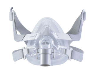 Mascarilla nasal CPAP de silicona transparente con correas grises, vista frontal sobre fondo blanco.