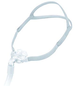 Mascarilla nasal CPAP azul claro con correas para la cabeza y tubo incorporado.