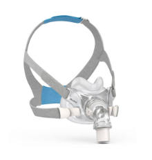 Mascarilla respiratoria CPAP con correas para la cabeza grises y azules sobre un fondo blanco.