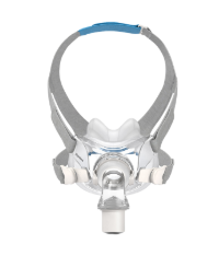 Mascarilla respiratoria CPAP con correas para la cabeza grises y azules sobre un fondo blanco.