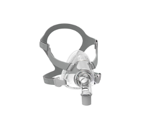Mascarilla respiratoria CPAP gris y transparente con correa para la cabeza, mostrada sobre fondo blanco.