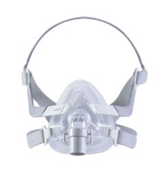 Mascarilla nasal CPAP de silicona transparente con correas grises, vista frontal sobre fondo blanco.