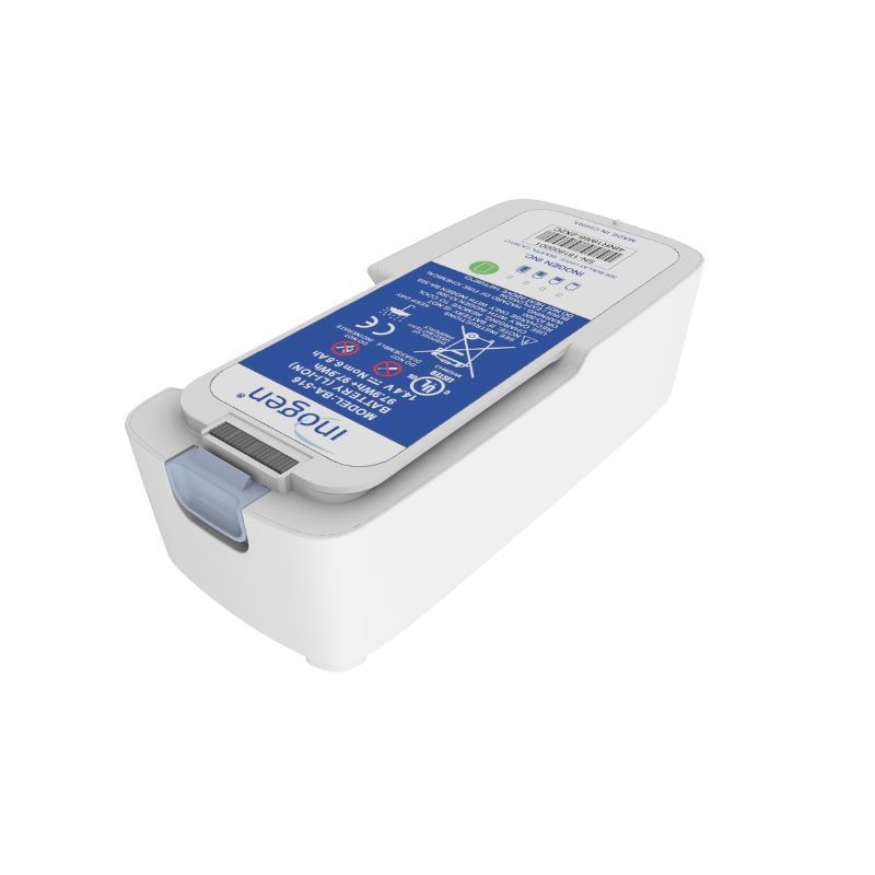 Dispositivo blanco con un cartucho o tarjeta azul y blanca insertado, mostrado sobre un fondo liso.