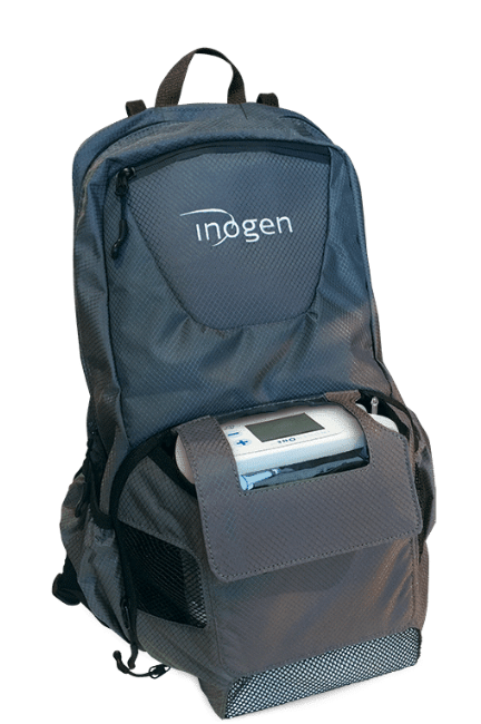 Mochila Blue Ingenuity para concentrador de oxígeno portátil con compartimento frontal para el dispositivo.