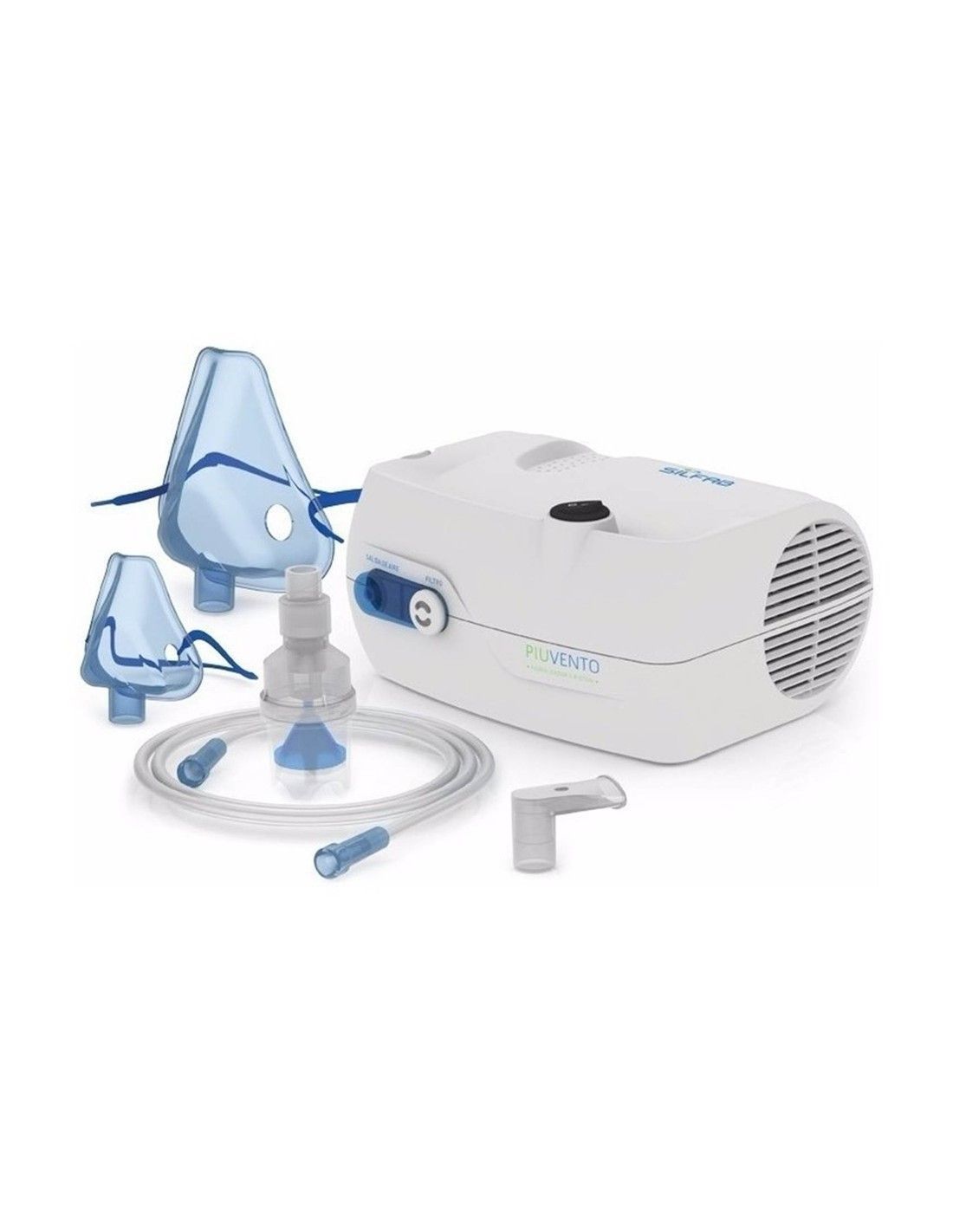 Máquina nebulizadora con mascarillas faciales transparentes, tubos y boquilla sobre un fondo blanco.