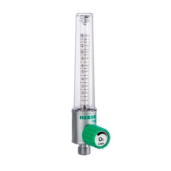 Caudalímetro de oxígeno de vidrio transparente con perilla de control verde y base de metal.