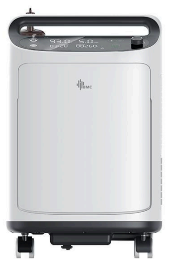 Purificador de aire portátil blanco con asa superior gris sobre fondo liso.