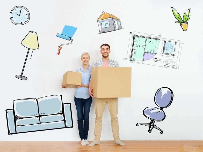 Couple Holding Boxes, Surrounded by Drawn Home Decor  — Barnes Transport and Removals in Wardell, NSW