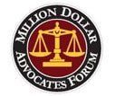 The logo for the million dollar advocates forum is a scale of justice in a circle.