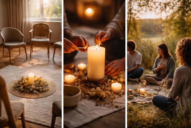 Sfeervolle rituelen met kaarslicht, bloemen en mensen die samenkomen