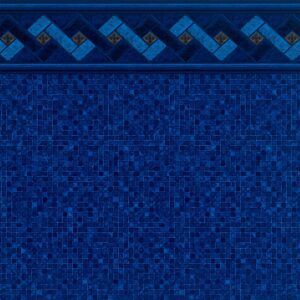 A close up of a blue tile wall with a border.